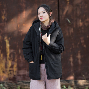 新中式棉服女冬复古盘扣棉衣棉麻夹棉外套中长款国风连帽唐装棉袄