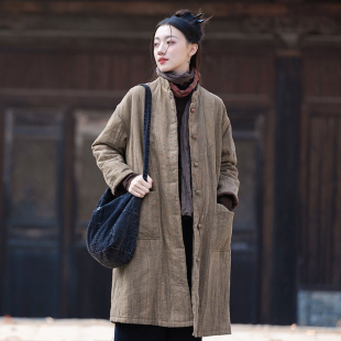 新中式棉服女冬装苎麻盘扣长款棉衣复古中国风禅修服棉麻夹棉外套