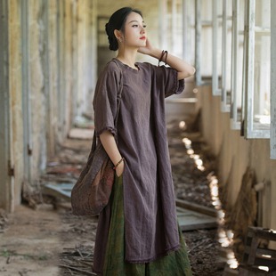 棉麻连衣裙女2026新款国风禅意新中式袍子五分袖炒色磨毛休闲长裙