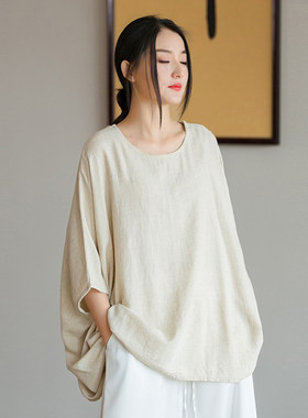 亚麻宽松T恤禅意茶服无袖蝙蝠衫