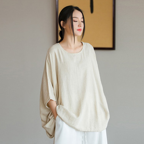 亚麻宽松T恤禅意茶服无袖蝙蝠衫
