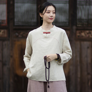 年轻版 新中式 新款 秋季 棉麻国风上衣苎麻复古盘扣茶服 禅意佛系女装