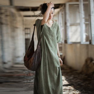 亚麻棉新中式连衣裙2026新款 夏居家旅游文艺范V领短袖薄款长裙子