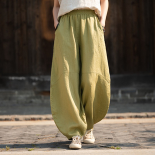 夏季亚麻裤女新款禅修打坐太极裤麻料裤子休闲宽松长裤全麻灯笼裤