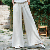 海边度假垂感阔腿裤 薄款 亚麻瑜伽茶服 子女宽松显瘦直筒长裤 棉麻裤