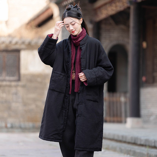 棉麻女装秋冬新款国潮中式复古盘扣棉袍禅意夹棉外套加厚长款棉衣