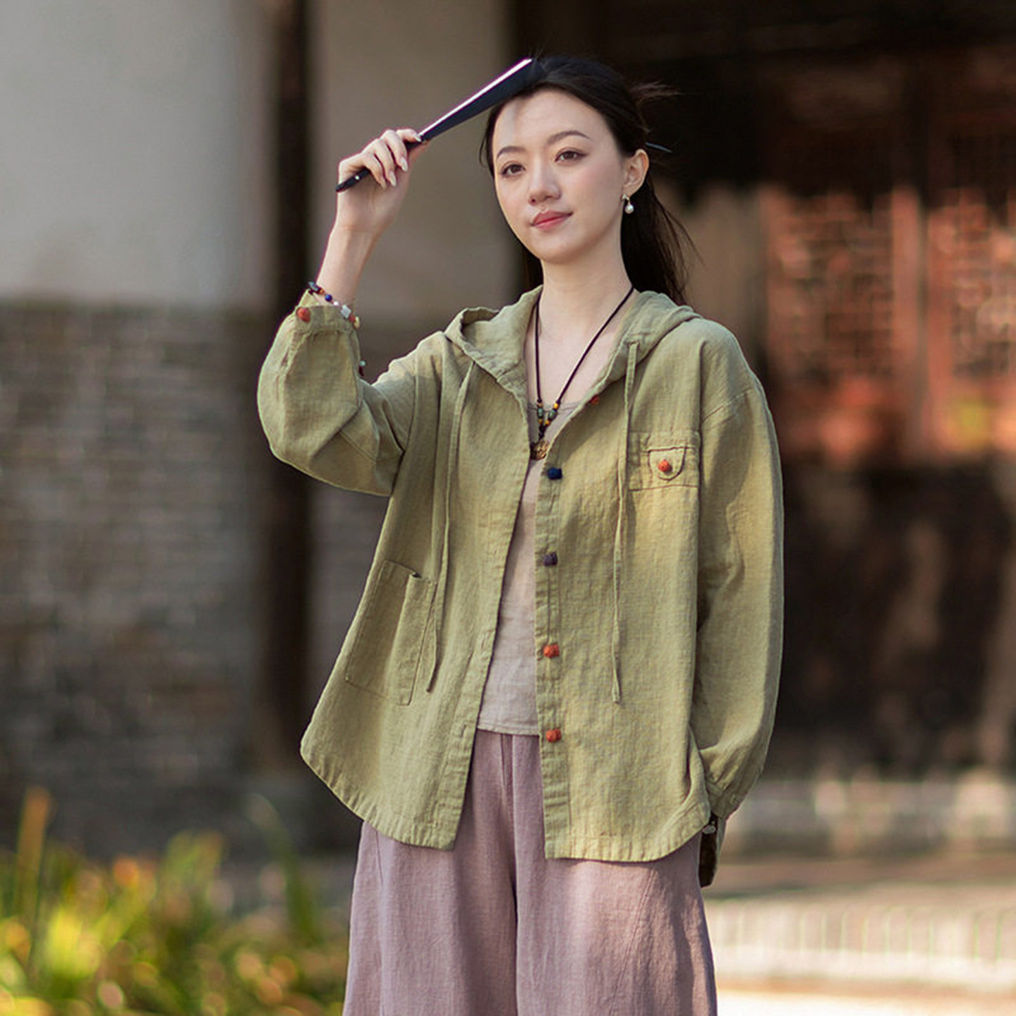 佛系禅意女装棉麻国风上衣连帽盘扣新中式衬衫松弛感休闲苎麻外套