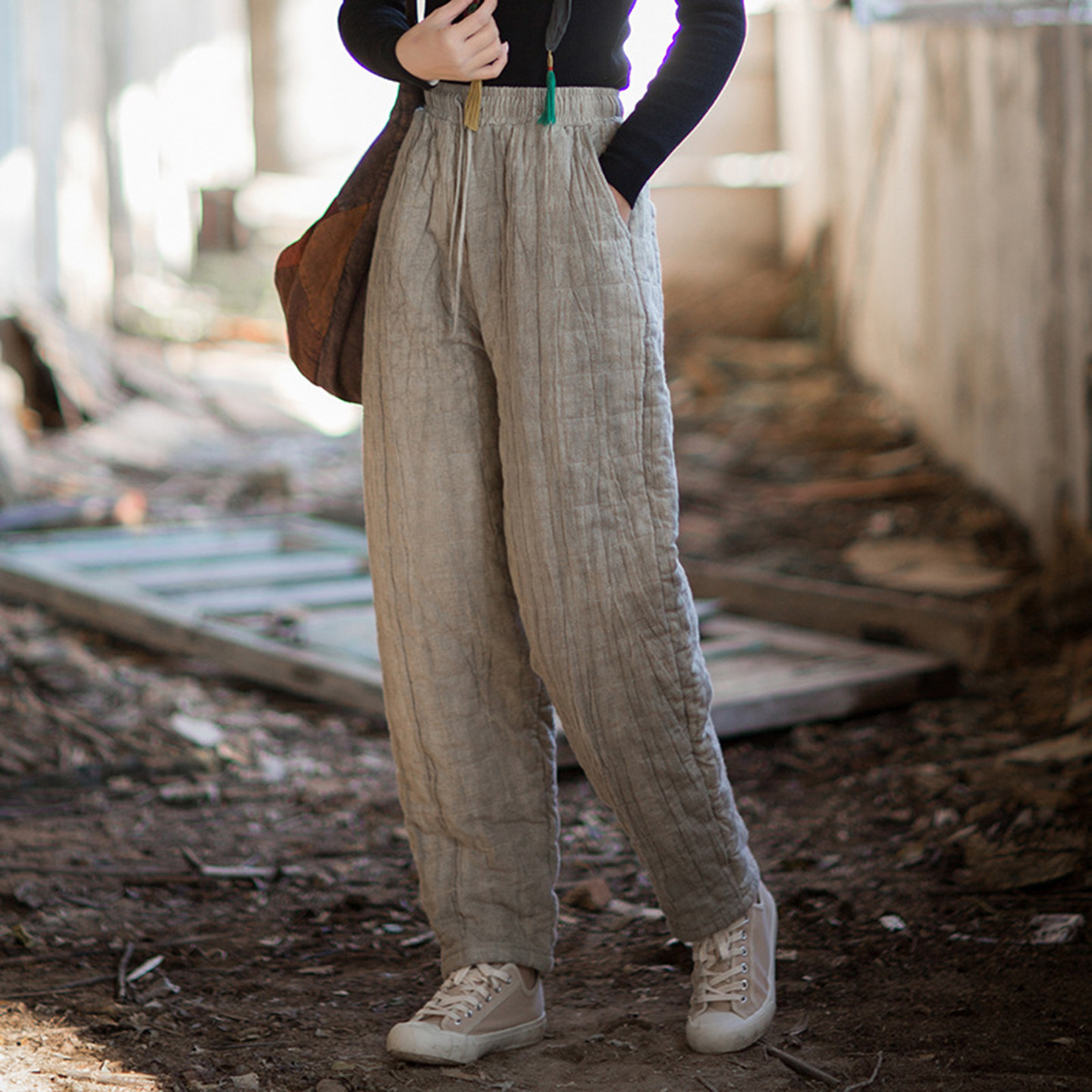 新中式棉麻棉裤女外穿2025新款扎染方格绗缝夹棉加厚保暖显瘦长裤,女装/女士精品,棉裤/羽绒裤,淘宝优惠券,粉丝福利购,淘宝优惠卷