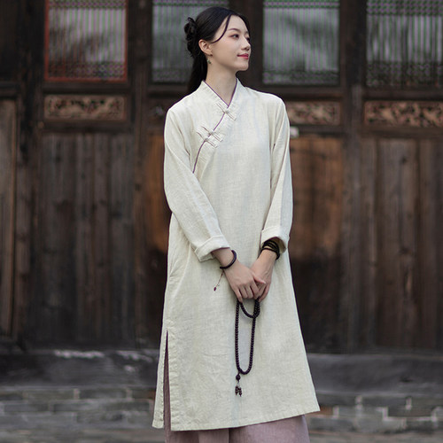 新中式棉麻连衣裙斜襟盘扣旗袍裙