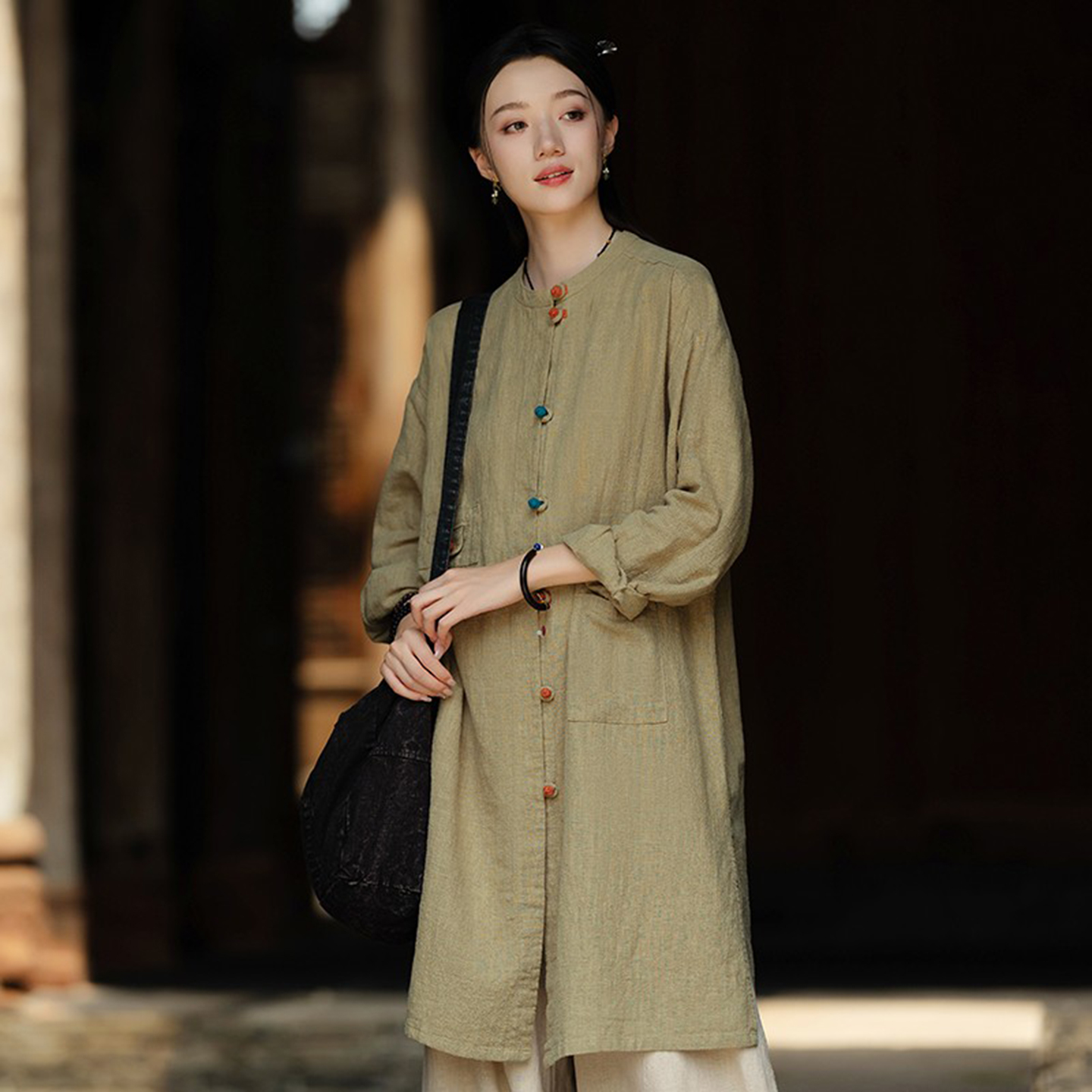 棉麻新中式中长款外套女文艺开衫