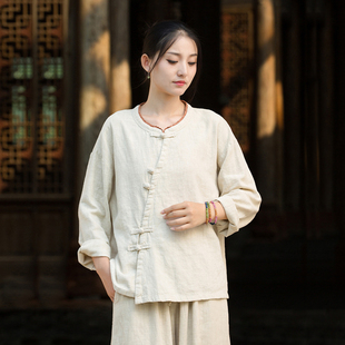 禅意佛系高端女装新中式棉麻上衣苎麻茶服小衫盘扣花边领改良汉服