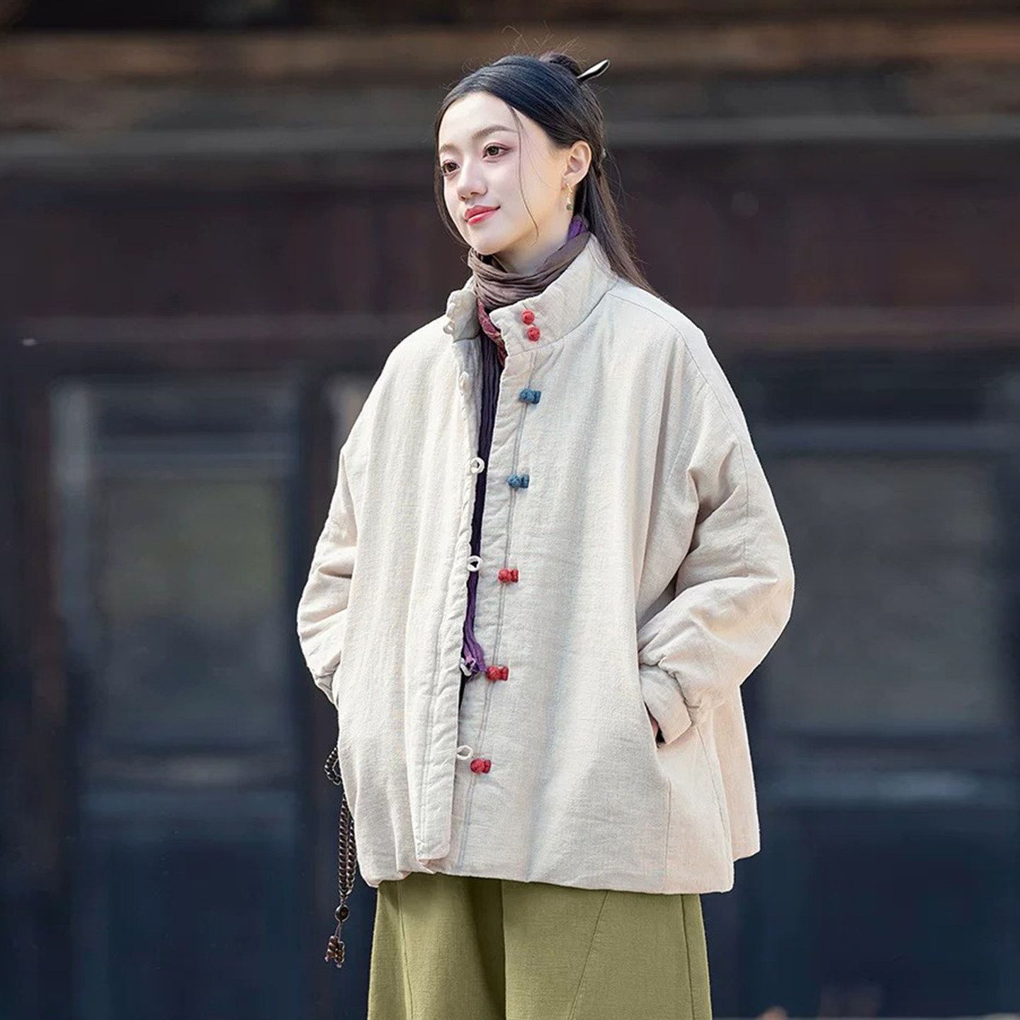 高端苎麻夹棉外套女秋冬中式棉服盘扣复古风棉袄百搭文艺短款棉衣