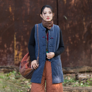 坎肩 长款 棉麻夹棉外套竖格绗缝棉马甲国风新中式 棉服加棉加厚无袖