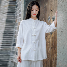 棉麻上衣2025新款中国风复古盘扣茶服衬衫打坐禅修女式练功太极服