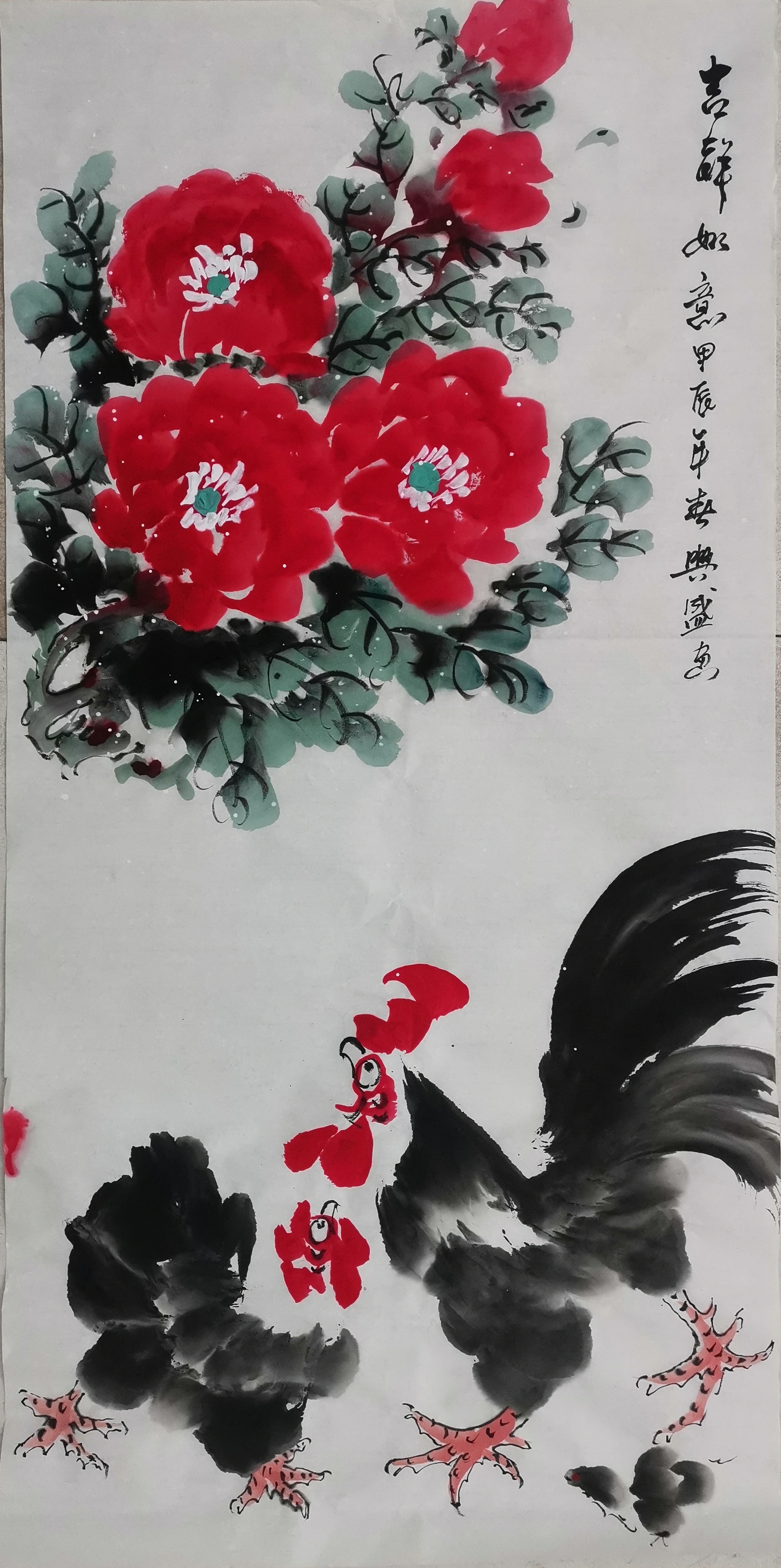 新中式富贵牡丹鸡堂屋装饰画客厅纯手绘三尺国画图片