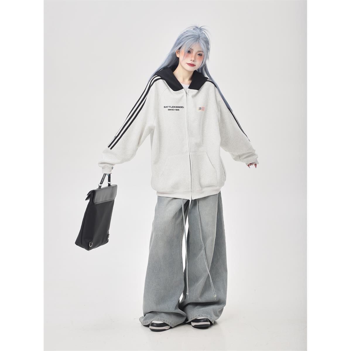 开春穿搭美式撞色拉链重磅连帽开衫卫衣外套女春秋情侣款宽松上衣