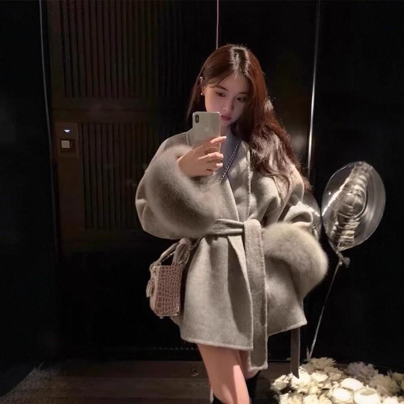 可拆卸狐狸毛系带双面羊绒羊毛大衣女2024冬装新款小个子毛呢外套