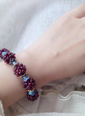 复古石榴石花球编织手链