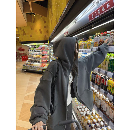 superniniyy 素颜穿搭 500g双面复合奥粒绒拉链连帽宽松卫衣外套