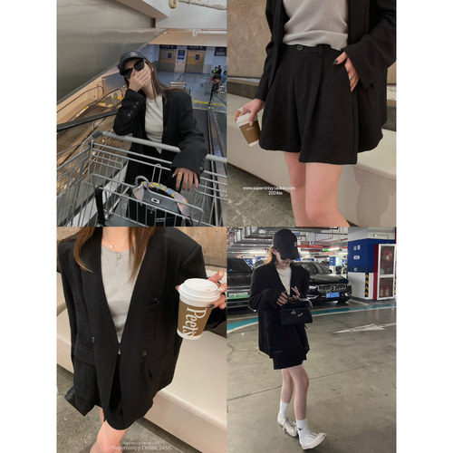superniniyy 晚风日记松弛老钱风亚麻西装套装V领外套宽松短裤女