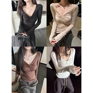 软黄金 显瘦打底衫 会呼吸 奢级山羊绒真丝抓皱V领修身 上衣 面料