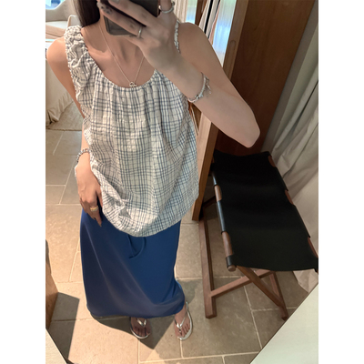 superniniyy 小岛&清新格纹泡泡棉抽绳无袖宽松格子背心上衣女夏
