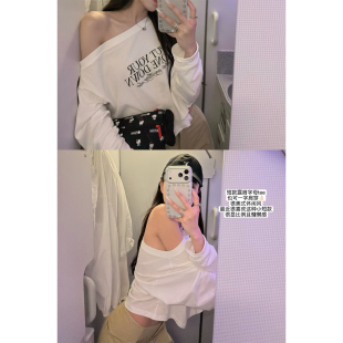 superniniyy 美式休闲&黄金比例全棉可一字肩短款露肩印花长袖T恤
