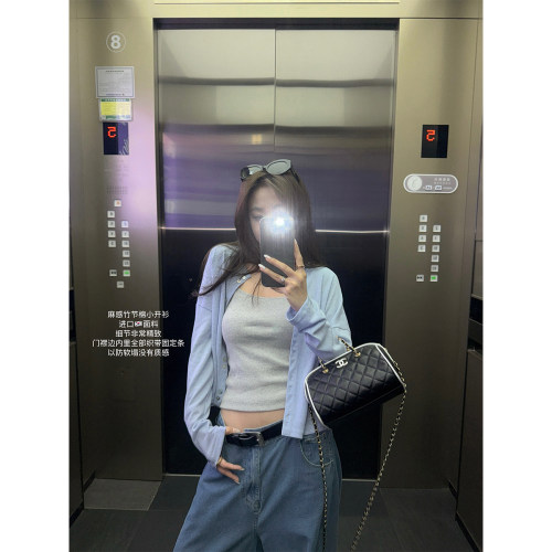 superniniyy 麻感竹节棉手工贝壳扣精致薄款针织小开衫外套上衣夏