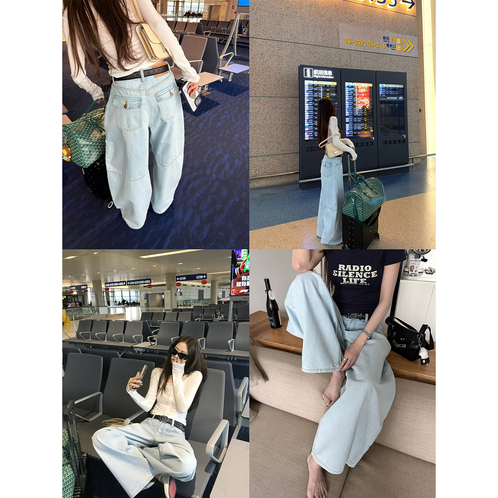 '翘臀牛仔'浅浅冰沙蓝解构弯刀裤腔调pp翻盖口袋牛仔裤长裤春夏女