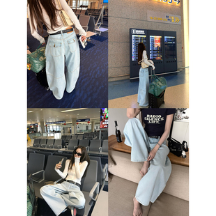 '翘臀牛仔'浅浅冰沙蓝解构弯刀裤腔调pp翻盖口袋牛仔裤长裤春夏女