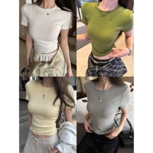 T恤短款 圆领短袖 三角针打造直角正肩显瘦修身 上衣 jenine直角肩