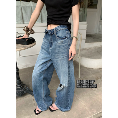 superniniyy 痞子牛&松弛随意翻边腰设计重工水洗破洞腔调牛仔裤