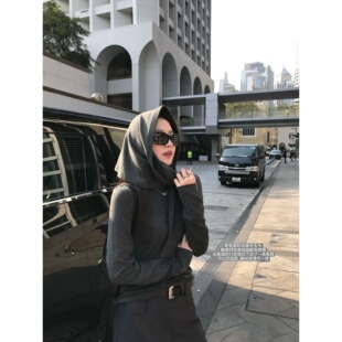 superniniyy T恤上衣 时髦尖子生&新型绵羊毛自带披肩头巾爽感长袖