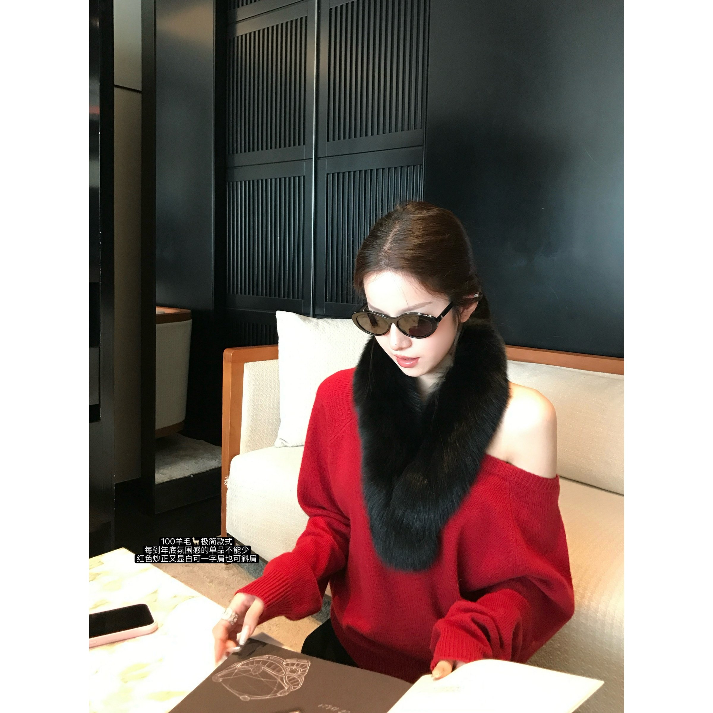 superniniyy节日唯美氛围感100羊毛一字肩斜肩正红色显白显瘦毛衣
