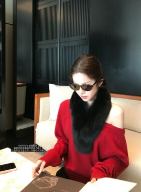 superniniyy节日唯美氛围感100羊毛一字肩斜肩正红色显白显瘦毛衣