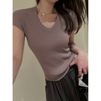 superniniyy 夏日冰纱系列凉感高弹力显瘦鸡蛋领U领短袖针织T恤女