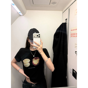 'don't bite me'美高复古tee做旧印花切苹果短袖磨毛短款圆领T恤