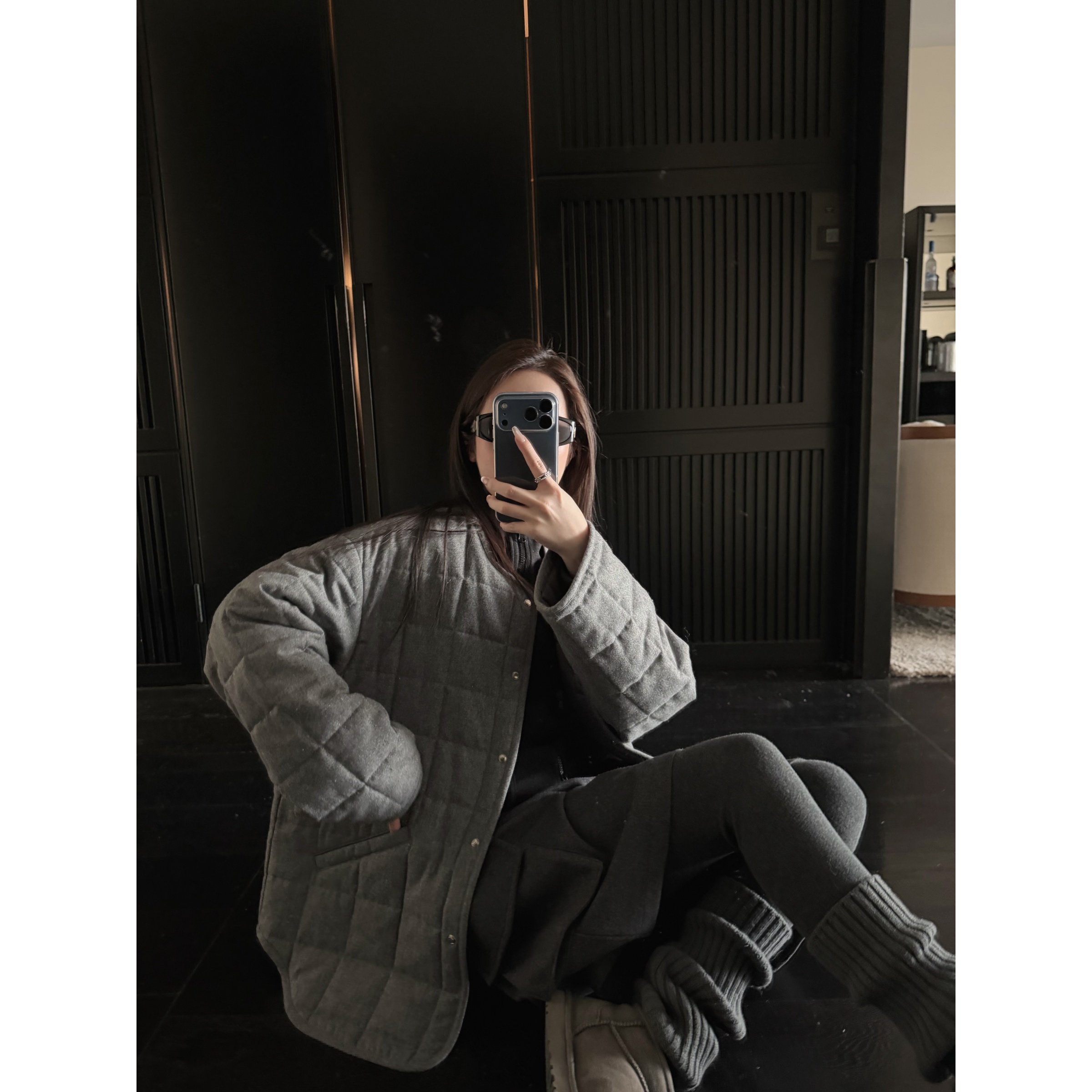 superniniyy 极简Ro风30%羊毛灰色华夫格圆领宽松毛呢棉服外套女