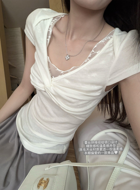 '云边蕾丝tee'77%天丝19%羊毛蕾丝点缀设计温柔显瘦短袖T恤上衣夏