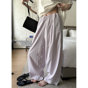 阔腿裤 无腰头褶皱设计棉麻宽松松紧腰水洗裤 女 气泡 superniniyy