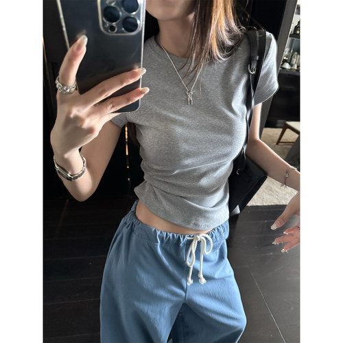 superniniyy 蝉鸣&高支弹力棉正肩短袖柔软圆领修身显瘦T恤上衣女