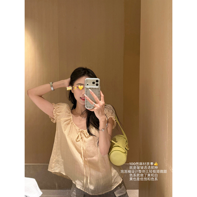 superniniyy 黄桃茉莉茶 100苎麻甜美泡泡袖圆领系带透透感小上衣