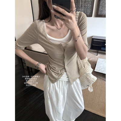 superniniyy 夹心奶油&24亚麻67天丝双层重工假俩件中袖T恤上衣女