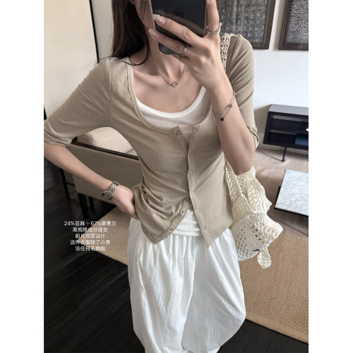 superniniyy 夹心奶油&24亚麻67天丝双层重工假俩件中袖T恤上衣女