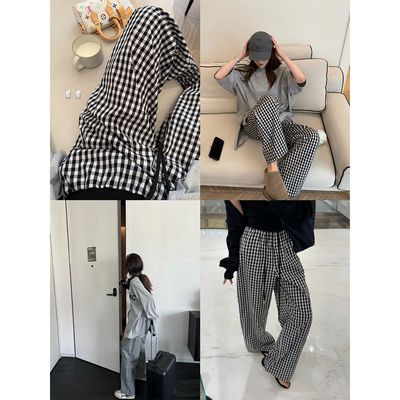 superniniyy 打卡黑白格子裤松紧腰宽松显瘦高腰长裤直筒裤女夏