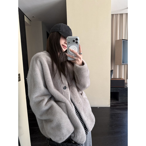 superniniyy'银狐'仿貂厚底绒高品裘皮一体极简环保皮草毛毛外套