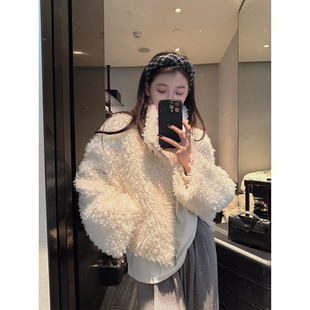 superniniyy 奶酪千金进口卷卷毛100%羊毛宽松立领拉链皮草外套女