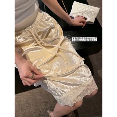superniniyy 丝绒蛋糕&蕾丝定染丝绒抽绳宽腰线显瘦半身裙中裙春