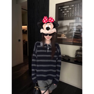 '高智老头polo衫'含羊毛学院风翻领复古条纹宽松落肩毛衣针织上衣