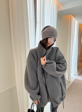 superniniyy 盐系加厚双面摇粒绒灰色宽松立领长袖拉链卫衣外套女